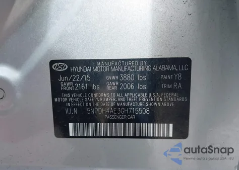 2016 Hyundai Elantra Se z USA, uszkodzony, nr VIN 5NPDH4AE3GH715508